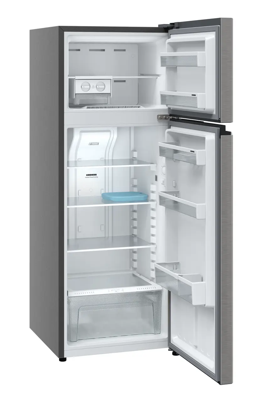 Product image, Perspective: oblique open empty, Fridge-freezer with NoFrost, Casing colour: grey, Door colour: Silver Steel