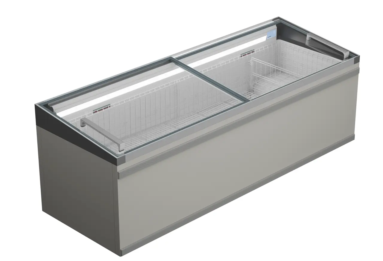 Изображение на продукта, Перспектива: Странично, затворен, Фризерна ракла за супермаркет, Цвят на корпуса: сив