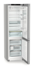 Product image, Perspective: oblique open empty, Combined fridge-freezers with EasyFresh and NoFrost, Casing colour: silver, Door colour: white