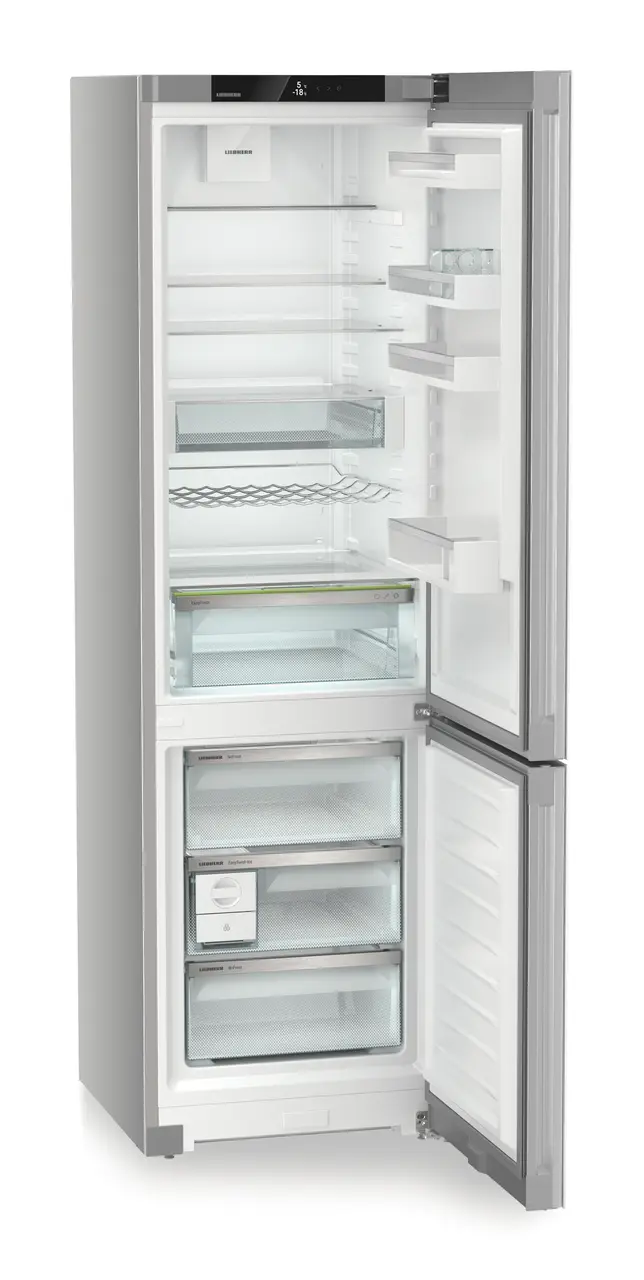 Product image, Perspective: oblique open empty, Combined fridge-freezers with EasyFresh and NoFrost, Casing colour: silver, Door colour: white