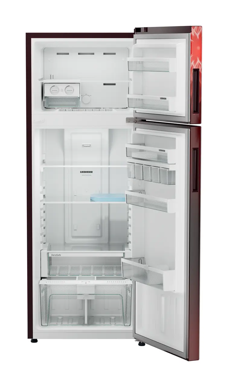 Product image, Perspective: straight open empty, Fridge-freezer with NoFrost, Casing colour: red, Door colour: Red Mystiq