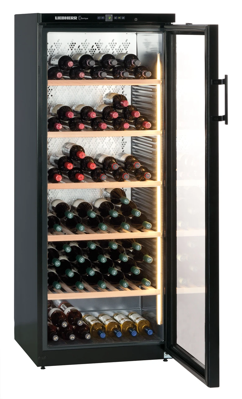Product image, Perspective: oblique open decorated, Wine storage cabinet, Casing colour: black, Door colour: black