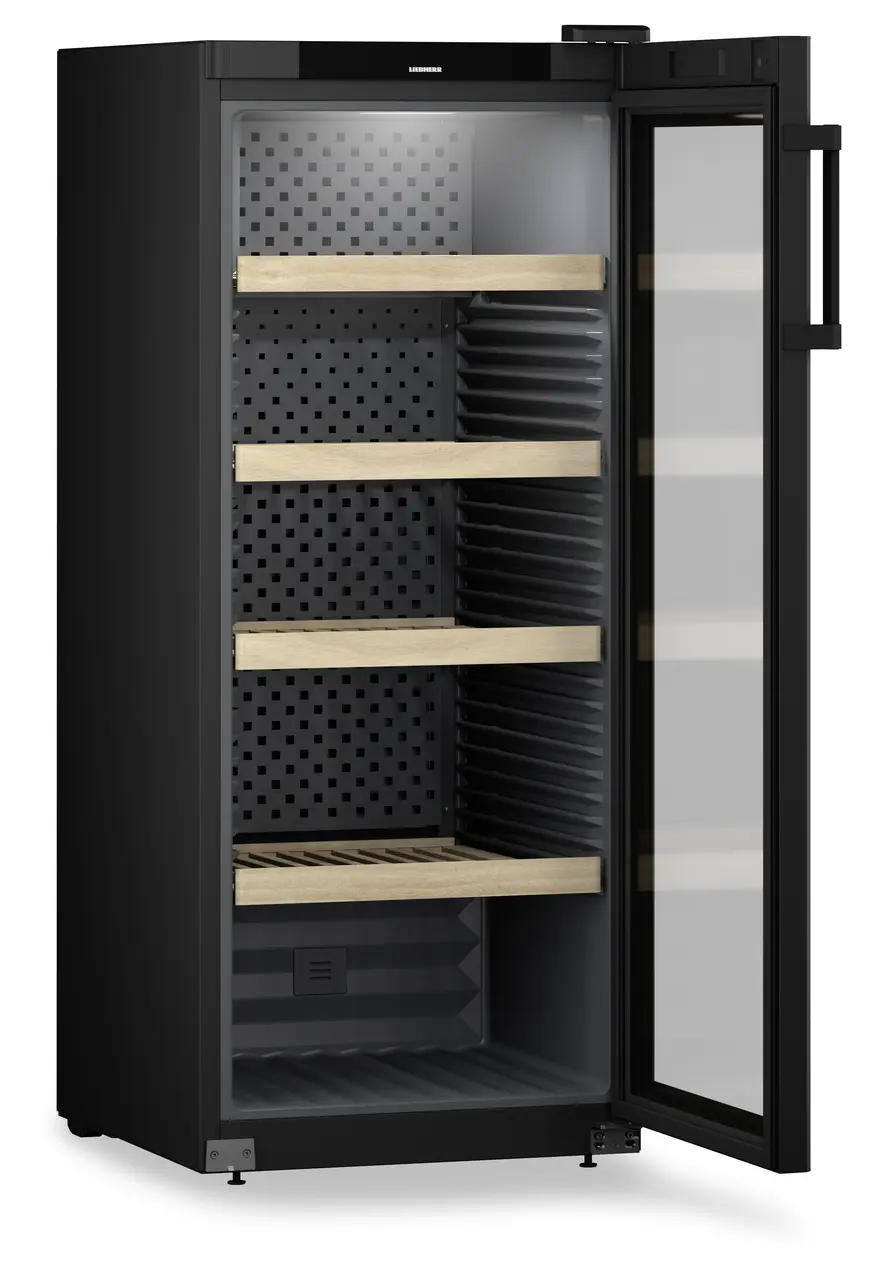 Product image, Perspective: oblique open empty, Wine storage cabinet, Casing colour: black, Door colour: black