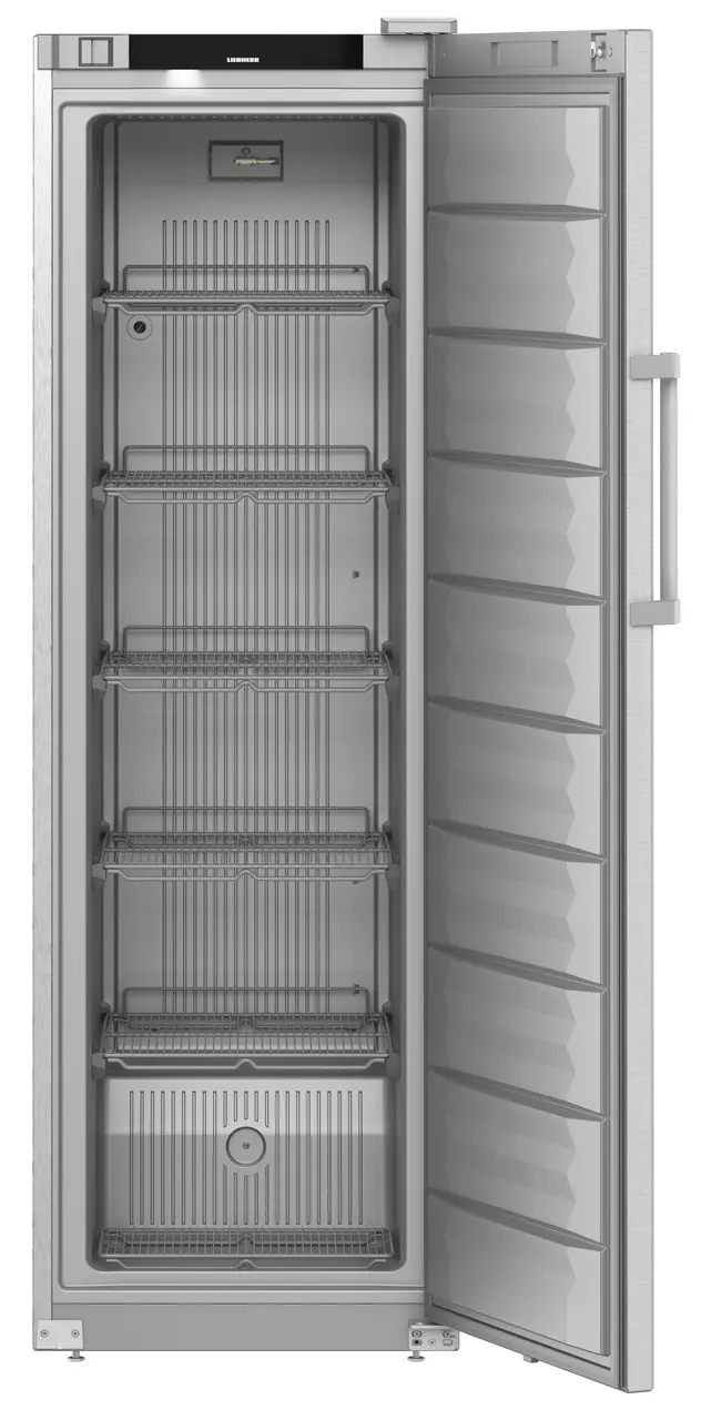 Product image, Perspective: straight open empty, Freestanding freezer with SmartFrost, Casing colour: stainless steel, Door colour: stainless steel