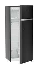 Product image, Perspective: oblique half-open empty, Single-door refrigerator 222 l in 3 star and horizontal handle, Casing colour: grey, Door colour: BlackSteel