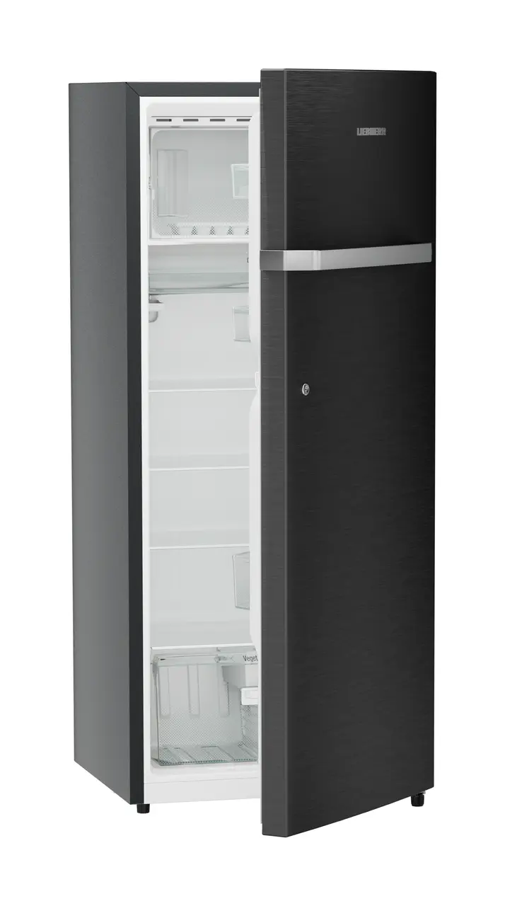 Product image, Perspective: oblique half-open empty, Single-door refrigerator 222 l in 3 star and horizontal handle, Casing colour: grey, Door colour: BlackSteel