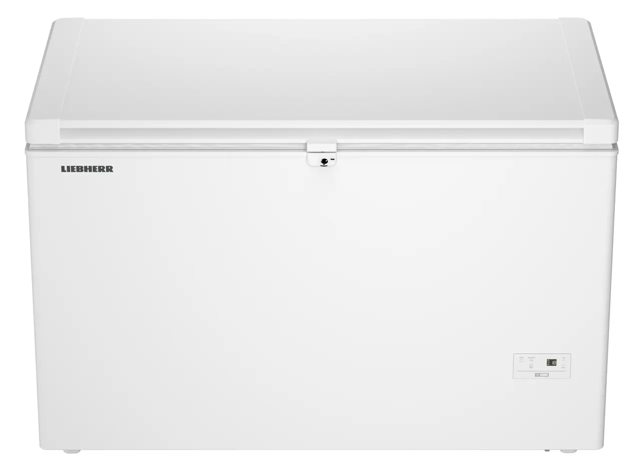 Produkt-Bild, Perspektive: gerade geschlossen leer, Gefriertruhe, Gehäusefarbe: Weiß, Türfarbe: Weiß