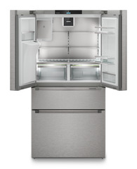 Slika izdelka, Perspektiva: Od spredaj, odprto, prazno, Hladilnik z zamrzovalnikom s francoskimi vrati z 2 zamrzovalnima predaloma in razpršilnikom vode in ledenih kock, Barva ohišja: srebrna, Barva vrat: nerjavno jeklo