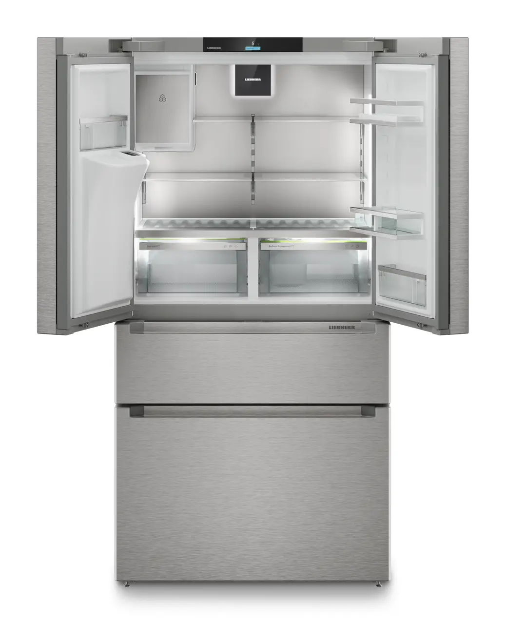 Slika izdelka, Perspektiva: Od spredaj, odprto, prazno, Hladilnik z zamrzovalnikom s francoskimi vrati z 2 zamrzovalnima predaloma in razpršilnikom vode in ledenih kock, Barva ohišja: srebrna, Barva vrat: nerjavno jeklo