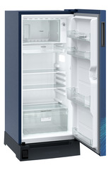 Product image, Perspective: oblique open empty, Single-door refrigerator 191 l in 3 star with foot pedal base drawer, Casing colour: blue, Door colour: Azure Strings