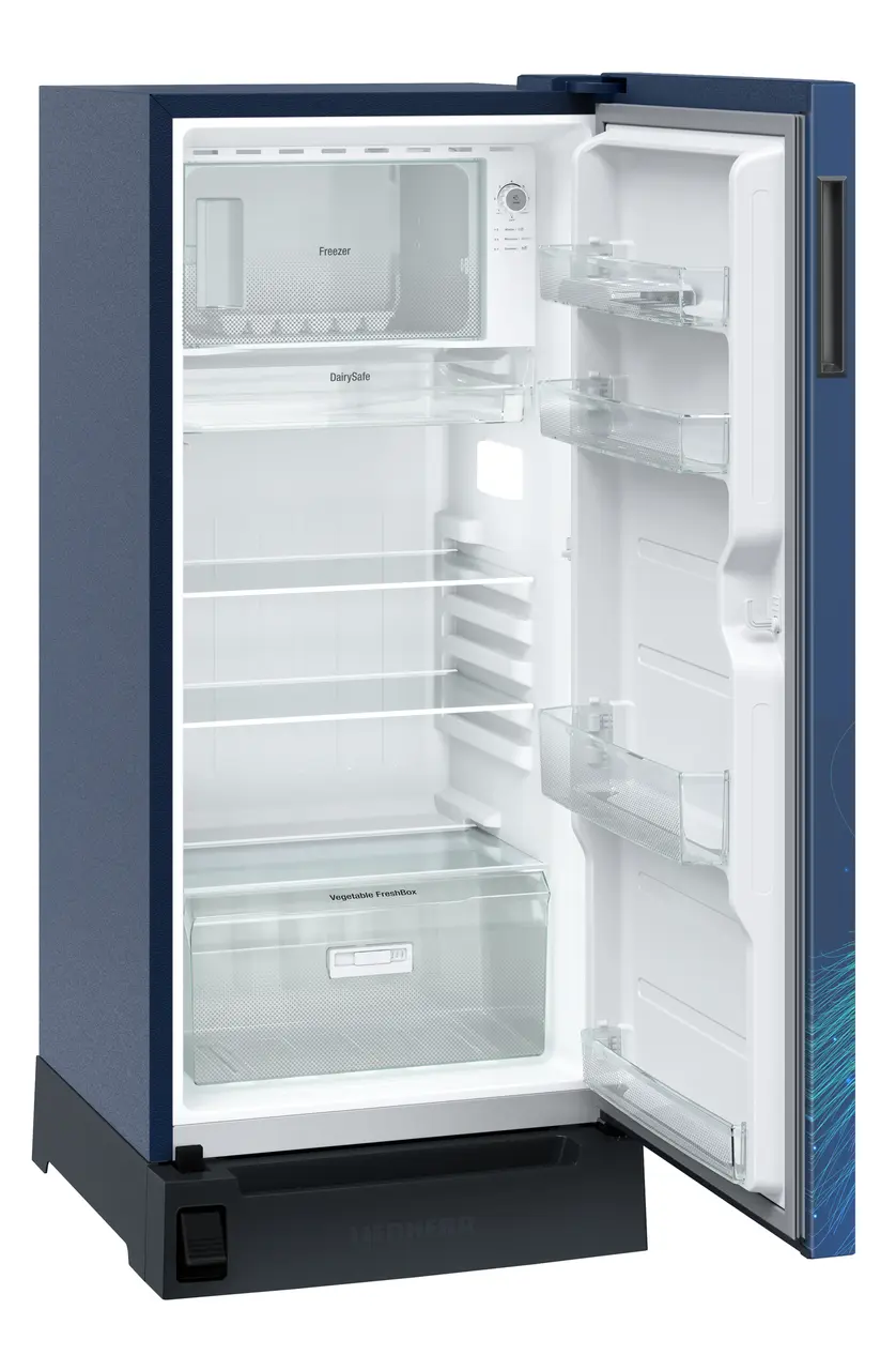 Product image, Perspective: oblique open empty, Single-door refrigerator 191 l in 3 star with foot pedal base drawer, Casing colour: blue, Door colour: Azure Strings