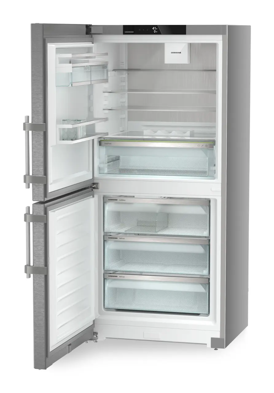 Product image, Perspective: oblique open empty, Combined fridge-freezers with EasyFresh and NoFrost, Casing colour: silver, Door colour: stainless steel