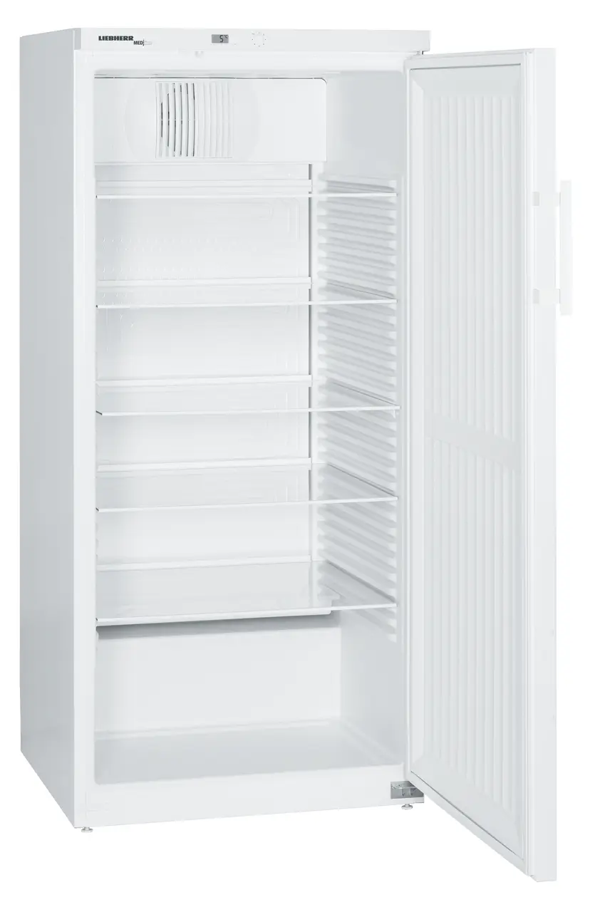 Product image, Perspective: oblique open empty, Lab refrigerator with mechanical control system, Casing colour: white