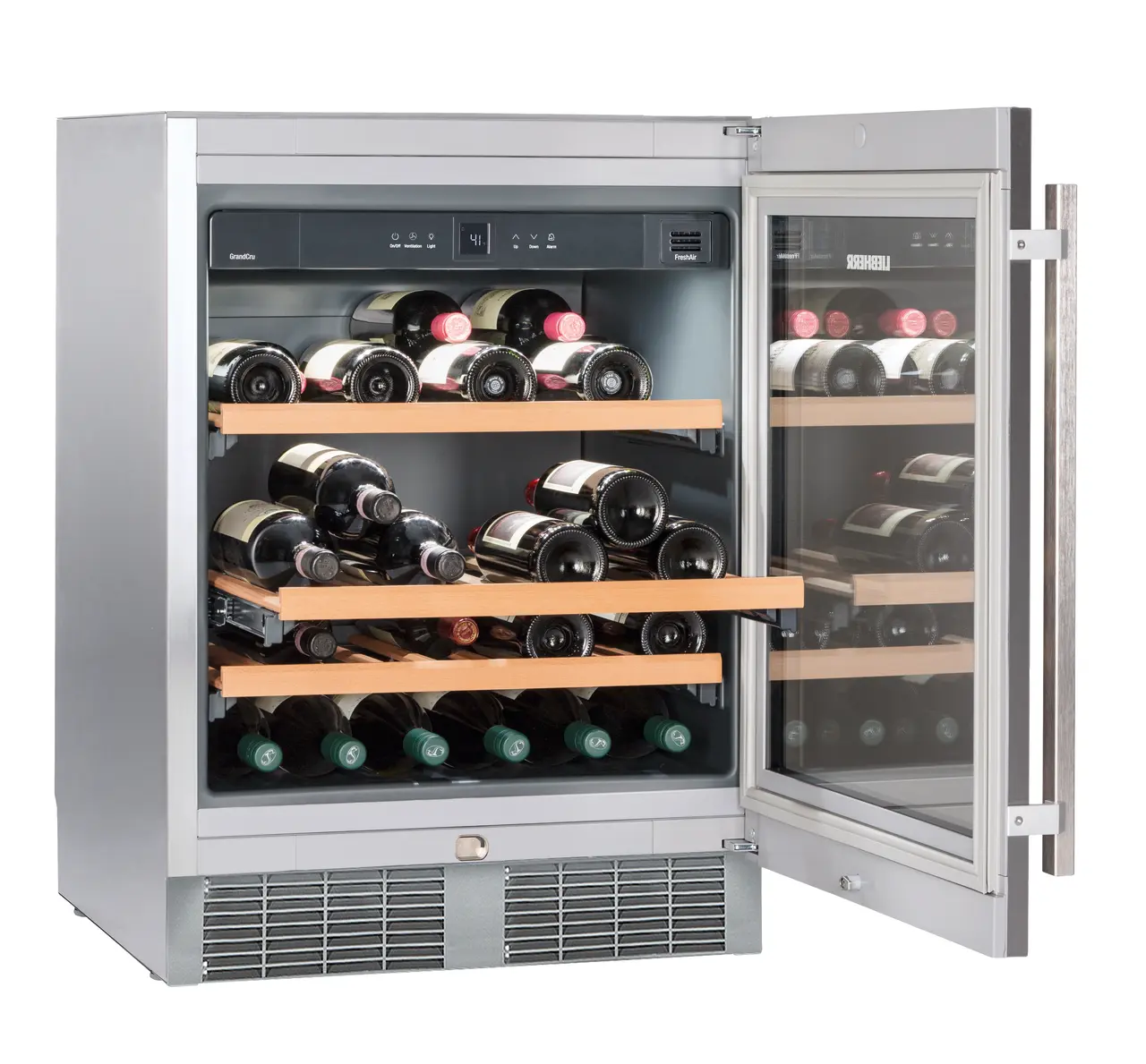 Product image, Perspective: special form, Under-worktop wine storage cabinet, Casing colour: silver, Door colour: stainless steel