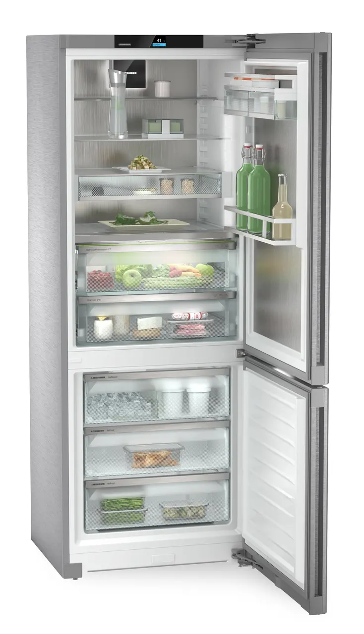 Product image, Perspective: oblique open decorated, Fridge-freezer with BioFresh Professional and NoFrost, Casing colour: stainless steel, Door colour: stainless steel