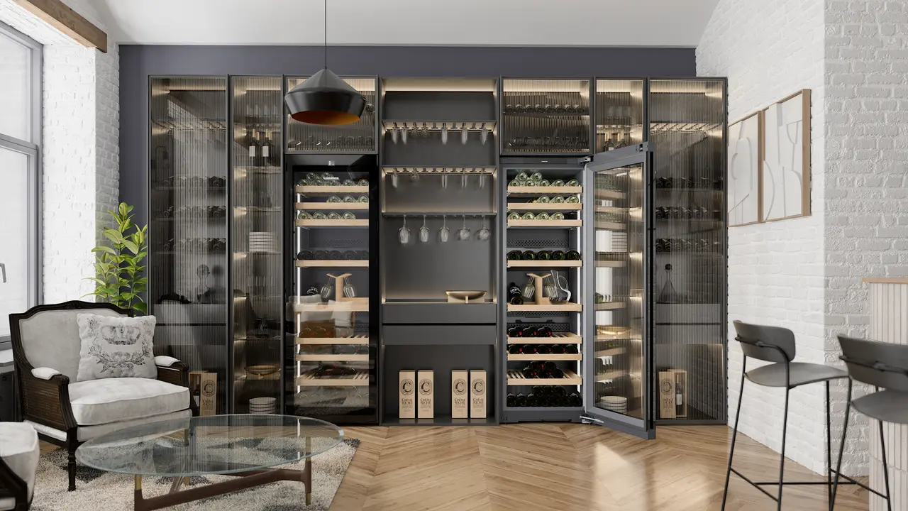 Product image, Perspective: milieu, Multi-temperature wine cabinet, Casing colour: BlackSteel, Door colour: GlassBlack