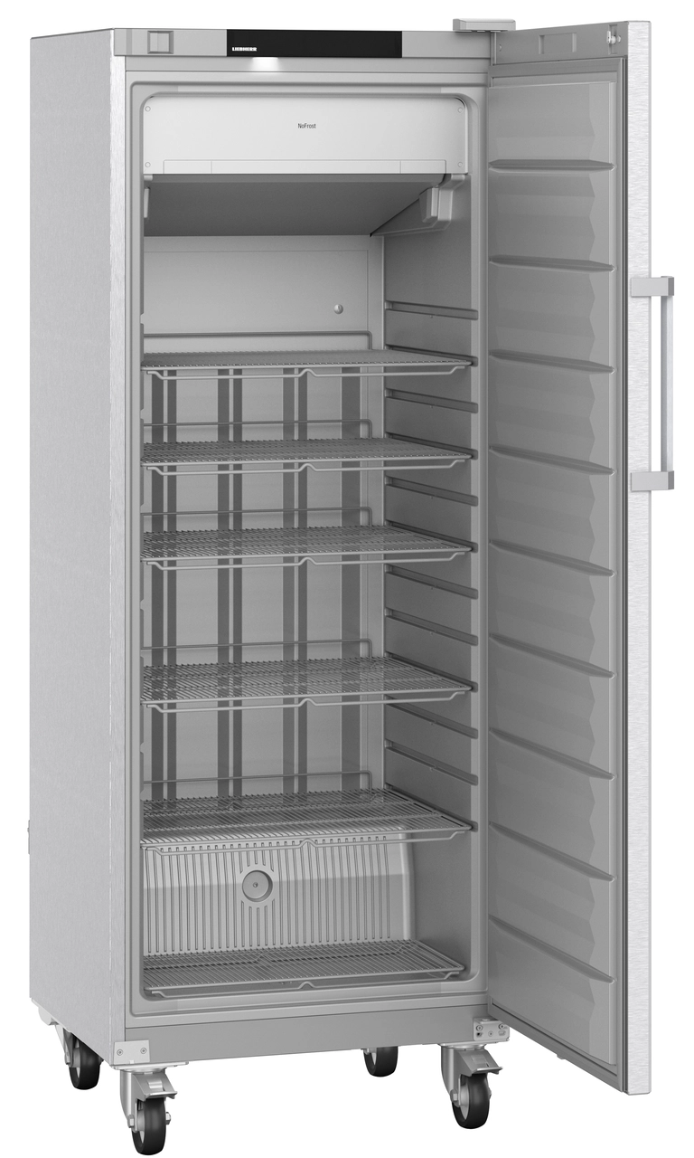 Product image, Perspective: oblique open empty, Freestanding freezer with NoFrost, Casing colour: stainless steel, Door colour: stainless steel