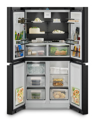 Obrázek výrobku, Perspektiva: Přímý otevřený s dekorací, Čtyřdveřová chladnička s mrazničkou French Door s výrobníkem ledu IceMaker, Barva skříně: BlackSteel, Barva dveří: BlackSteel