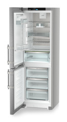Product image, Perspective: oblique open empty, Combined fridge-freezers with EasyFresh and NoFrost, Casing colour: silver, Door colour: stainless steel