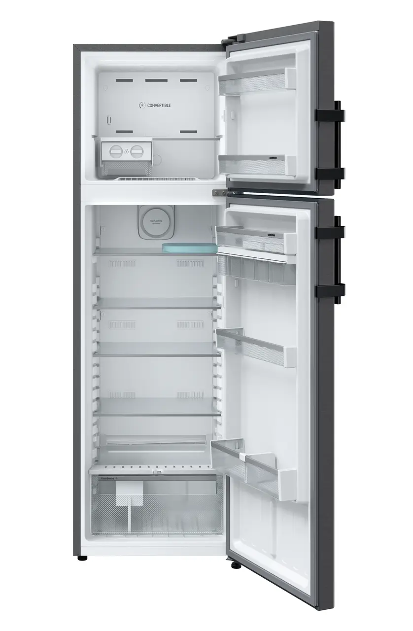 Product image, Perspective: straight open empty, Fridge-freezer with NoFrost, Casing colour: black, Door colour: BlackSteel