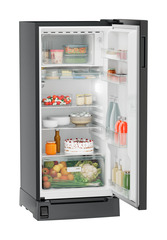 Product image, Perspective: oblique open decorated, Single-door refrigerator 191 l in 3 star with foot pedal base drawer, Casing colour: grey, Door colour: Black Gloss