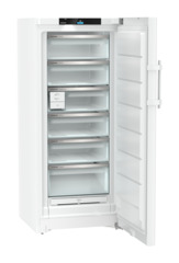 Produktbild, Perspektiv: Vinklad, öppen, tom, Fristående frys med NoFrost och EasyTwist-Ice, Färg på hölje: Vit, Färg på dörr: Vit