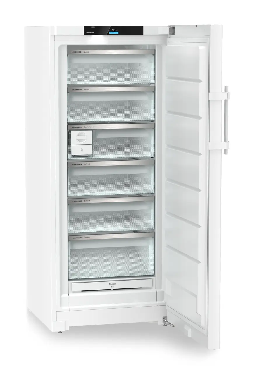 Produktbild, Perspektiv: Vinklad, öppen, tom, Fristående frys med NoFrost och EasyTwist-Ice, Färg på hölje: Vit, Färg på dörr: Vit