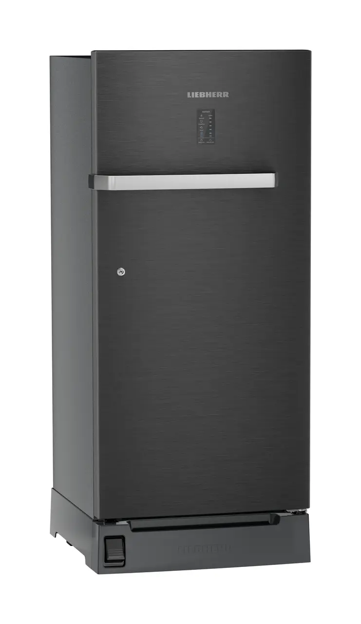 Product image, Perspective: oblique closed, Single-door refrigerator 191 l with foot pedal base drawer and iCoolTouch UI, Casing colour: grey, Door colour: BlackSteel