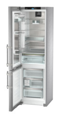 Product image, Perspective: oblique open empty, Combined fridge-freezers with EasyFresh and NoFrost, Casing colour: stainless steel, Door colour: stainless steel