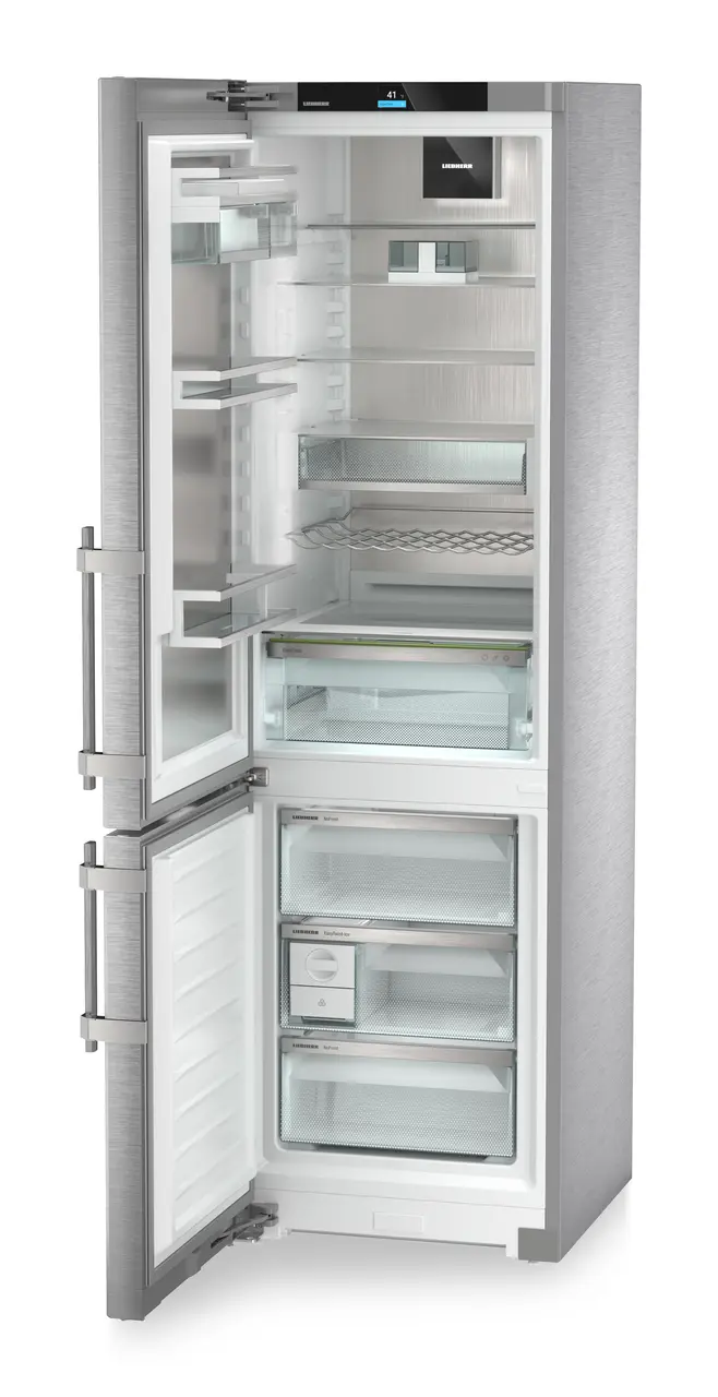 Product image, Perspective: oblique open empty, Combined fridge-freezers with EasyFresh and NoFrost, Casing colour: stainless steel, Door colour: stainless steel