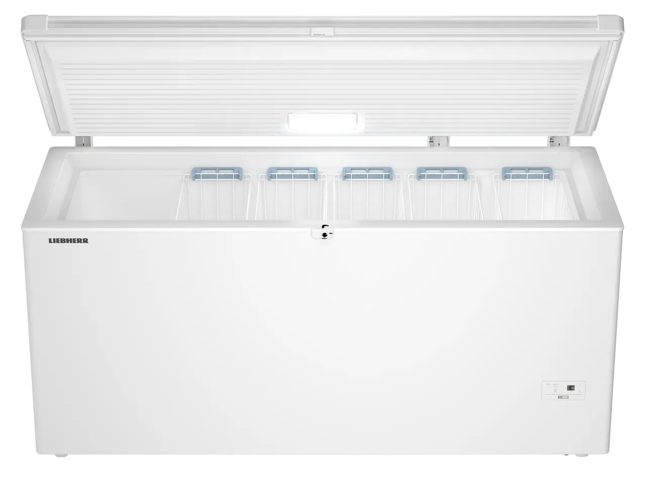 Produkt-Bild, Perspektive: gerade offen leer, Gefriertruhe, Gehäusefarbe: Weiß, Türfarbe: Weiß