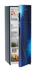 Product image, Perspective: oblique half-open decorated, Fridge-freezer with NoFrost, Casing colour: blue, Door colour: Blue Mystiq