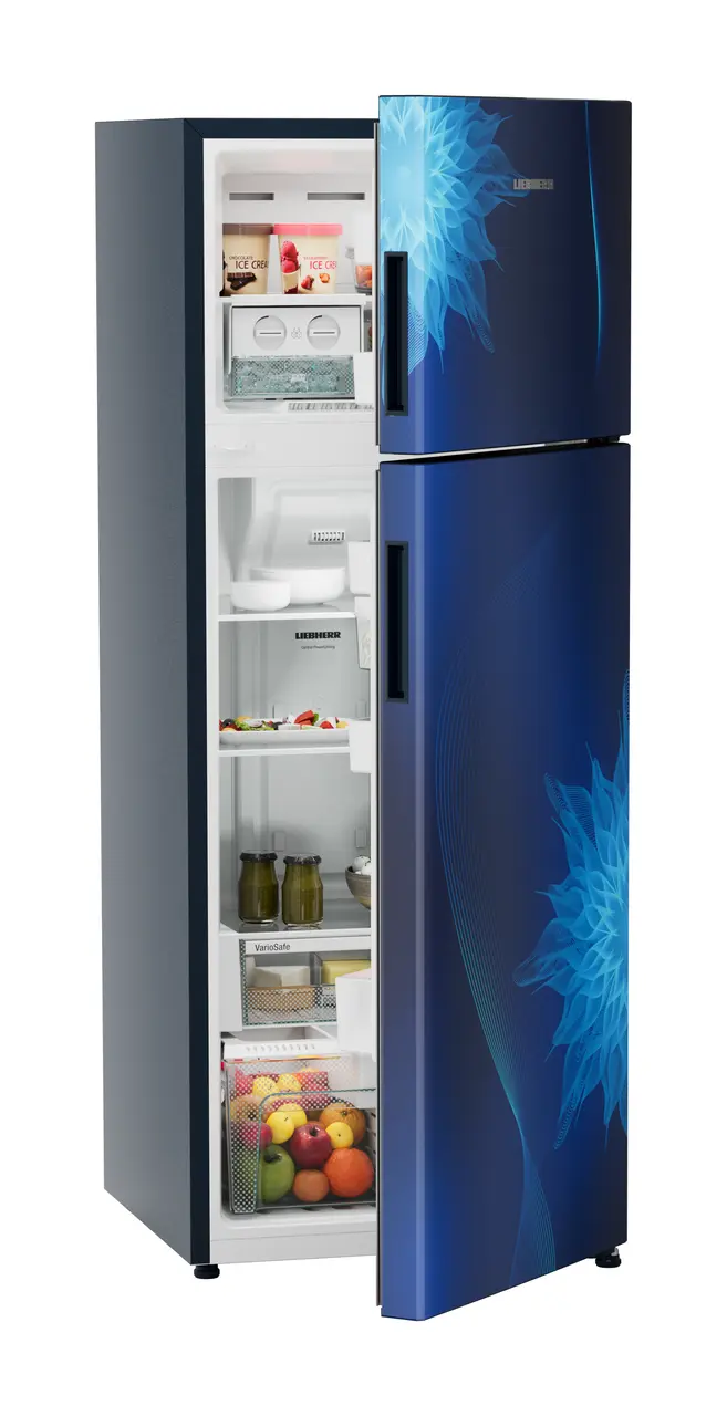 Product image, Perspective: oblique half-open decorated, Fridge-freezer with NoFrost, Casing colour: blue, Door colour: Blue Mystiq