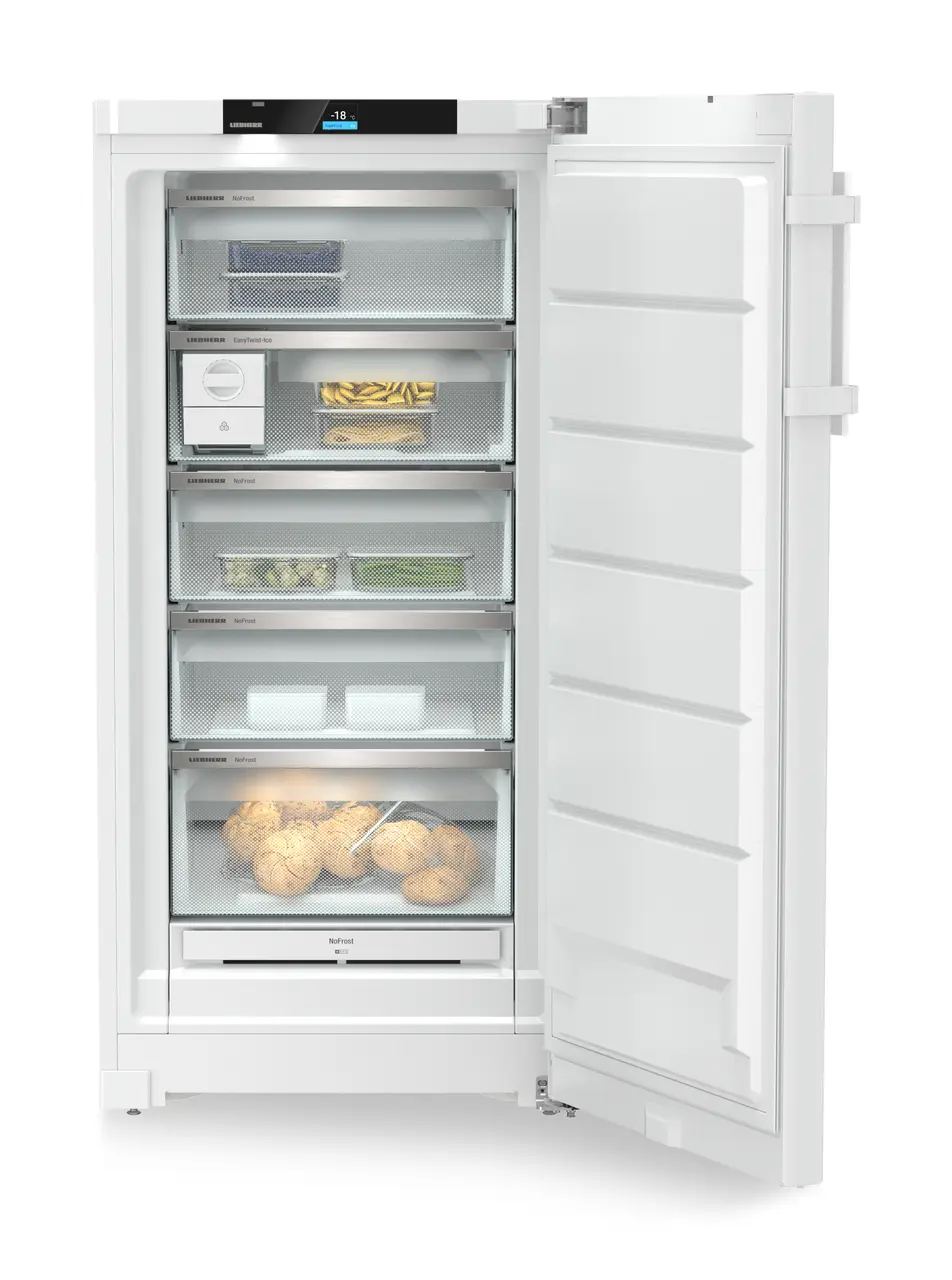 Product image, Perspective: straight open decorated, Freestanding freezer with NoFrost and EasyTwist-Ice, Casing colour: white, Door colour: white