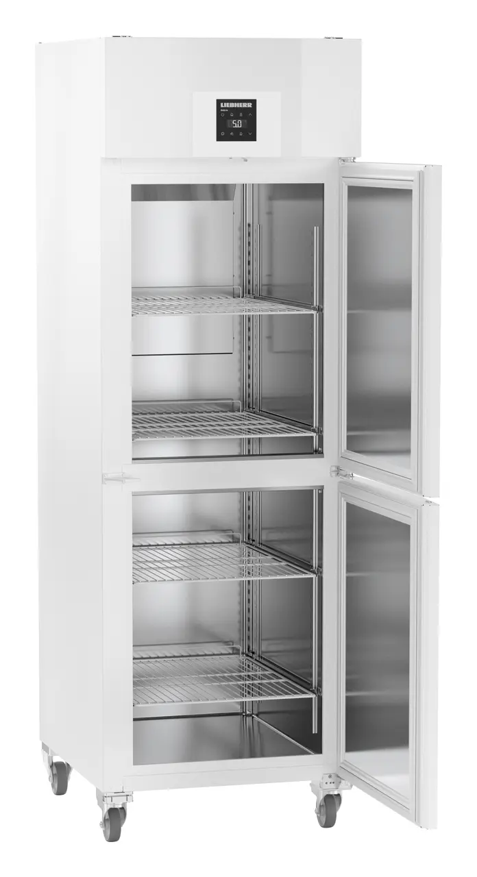 Product image, Perspective: oblique open empty, Lab refrigerator with Comfort electronic controller, Casing colour: white