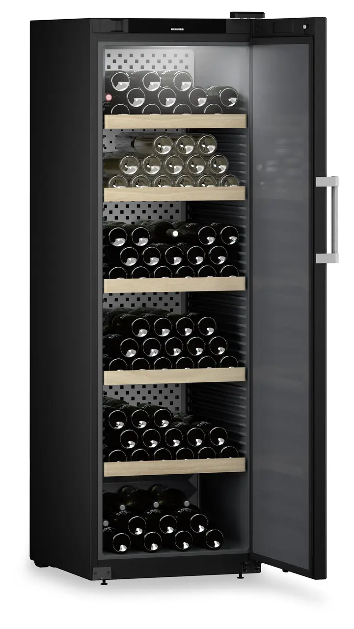 Produkt-Bild, Perspektive: schräg offen dekoriert, Weinlagerschrank, Gehäusefarbe: Schwarz, Türfarbe: Schwarz