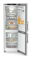Изображение продукции, Перспектива: Прямо, с открытой дверцей, с продуктами, Комбинированный холодильник-морозильник с EasyFresh и NoFrost, Цвет корпуса: серебристый, Цвет дверцы: нержавеющая сталь