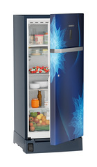 Product image, Perspective: oblique half-open decorated, Single-door refrigerator 191 l with foot pedal base drawer and iCoolTouch UI, Casing colour: blue, Door colour: Blue Mystiq