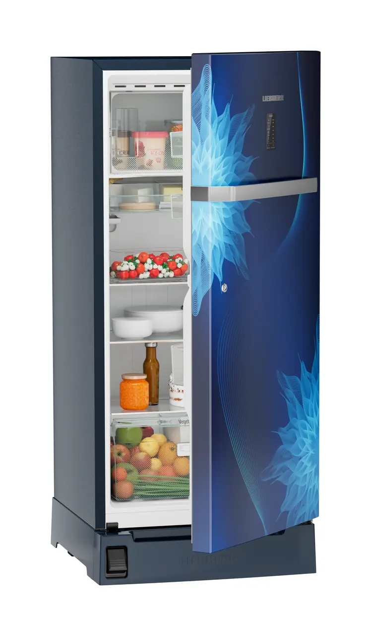 Product image, Perspective: oblique half-open decorated, Single-door refrigerator 191 l with foot pedal base drawer and iCoolTouch UI, Casing colour: blue, Door colour: Blue Mystiq