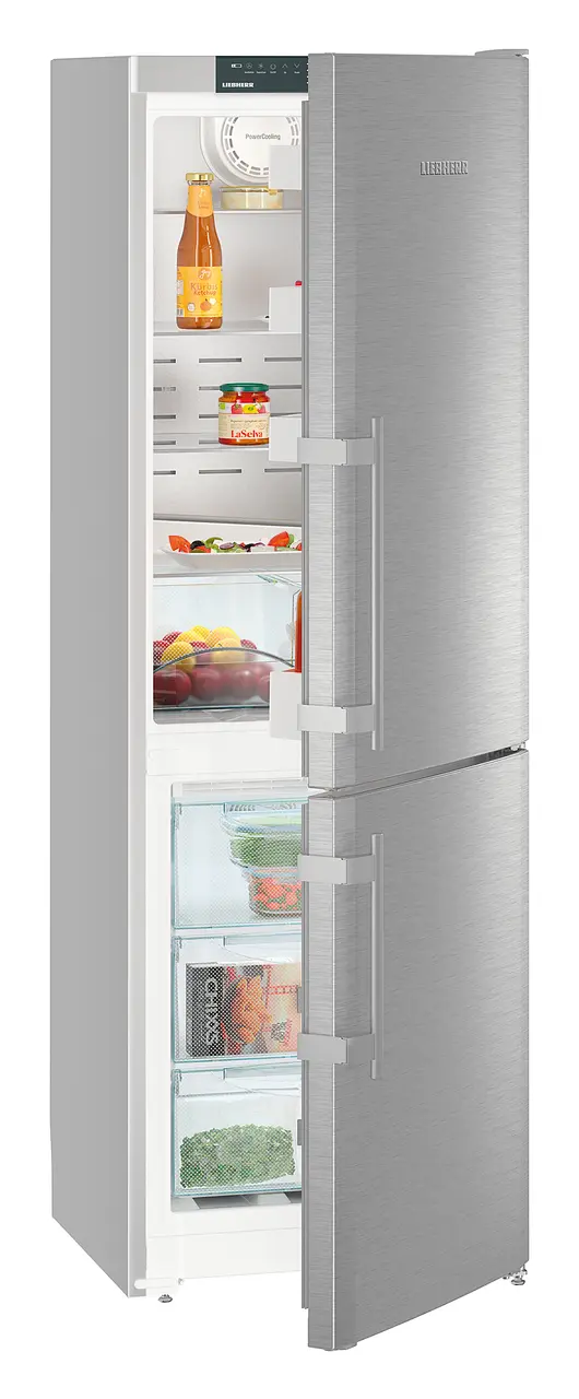 Product image, Perspective: oblique half-open decorated, Fridge-freezer with NoFrost, Casing colour: silver, Door colour: stainless steel