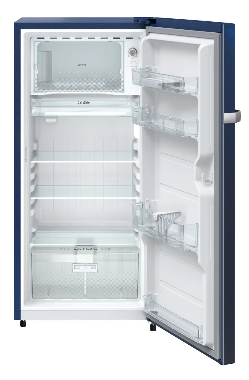 Product image, Perspective: straight open empty, Single-door refrigerator 191 l in 5 star with inverter compressor, Casing colour: blue, Door colour: Blue Rosette