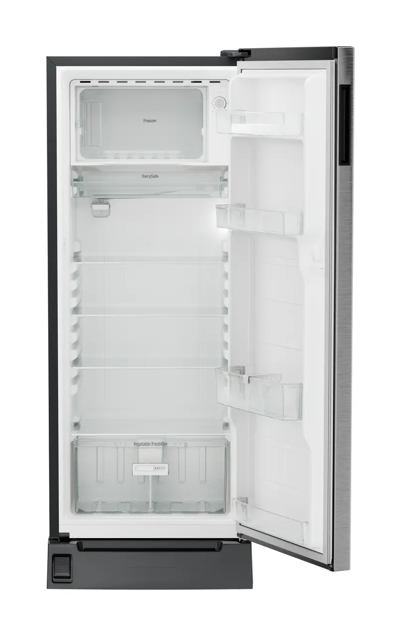 Product image, Perspective: straight open empty, Single-door refrigerator 222 l in 3 star with foot pedal base drawer, Casing colour: grey, Door colour: Silver Steel