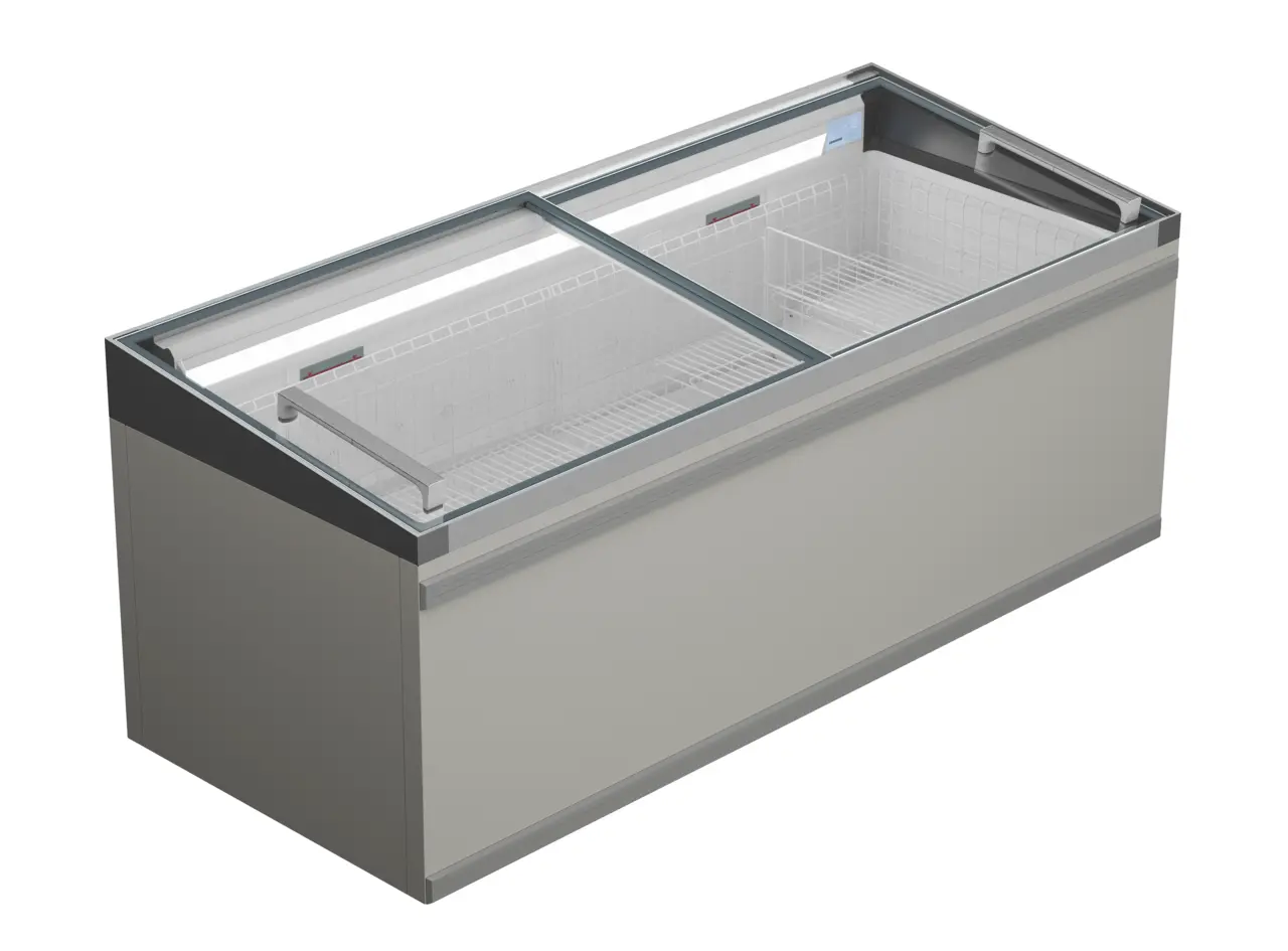 Изображение на продукта, Перспектива: Странично, затворен, Хладилна и фризерна ракла за супермаркет, Цвят на корпуса: сив