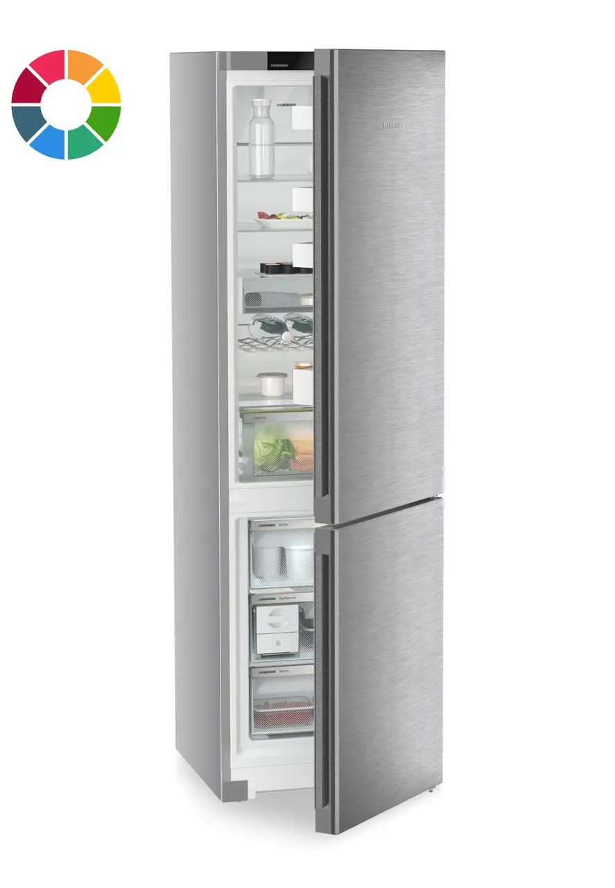 Produkt-Bild, Perspektive: schräg halb offen dekoriert, Kühl-Gefrierkombination mit EasyFresh und NoFrost, Gehäusefarbe: individuell, Türfarbe: individuell