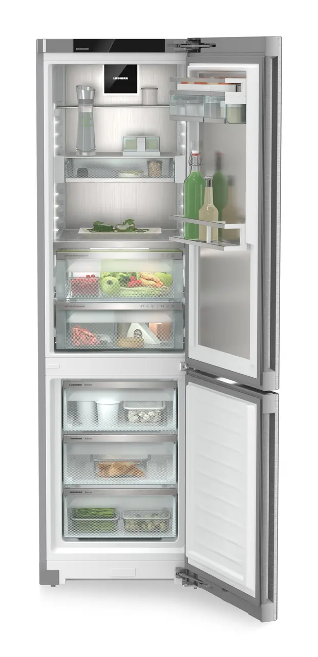 Изображение продукции, Перспектива: Прямо, с открытой дверцей, с продуктами, Комбинация холодильника и морозильника с BioFresh Professional и NoFrost, Цвет корпуса: нержавеющая сталь, Цвет дверцы: нержавеющая сталь