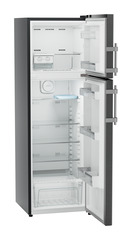 Product image, Perspective: oblique open empty, Fridge-freezer with NoFrost, Casing colour: grey, Door colour: BlackSteel