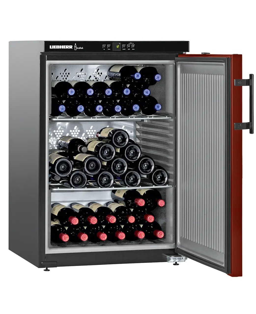 Изображение продукции, Перспектива: Под углом, с открытой дверцей, с продуктами, Винный шкаф с климатизацией, Цвет корпуса: черный, Цвет дверцы: бордово-красный