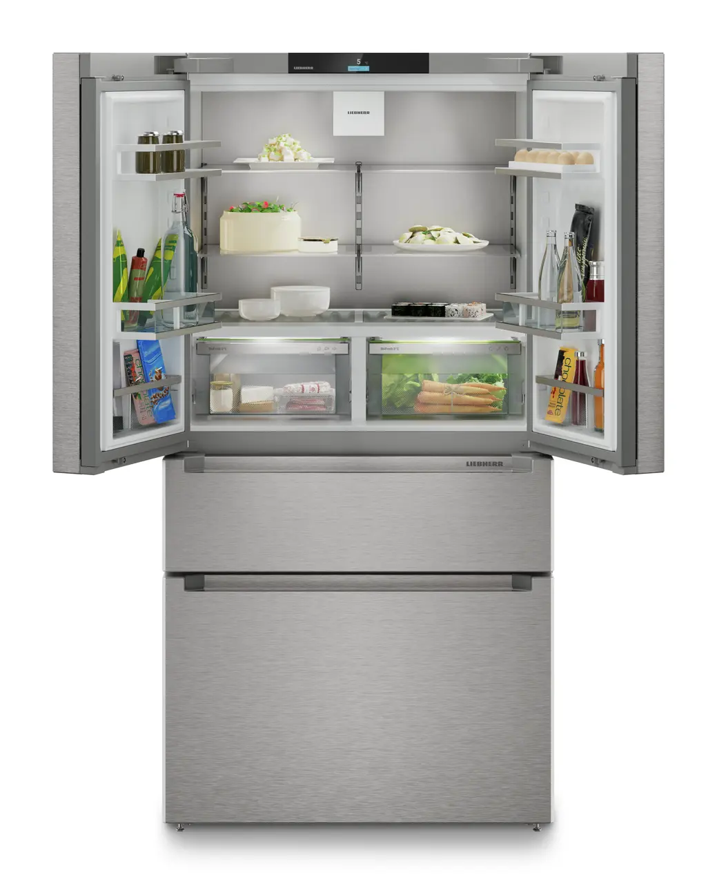 Produkt-Bild, Perspektive: gerade offen dekoriert, French-Door-Kühl-Gefrierkombination mit 2 Gefrierschubladen mit IceMaker, Gehäusefarbe: Silver, Türfarbe: Edelstahl