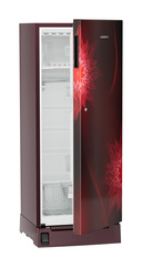 Product image, Perspective: oblique half-open empty, Single-door refrigerator 222 l in 3 star with foot pedal base drawer, Casing colour: red, Door colour: Red Mystiq