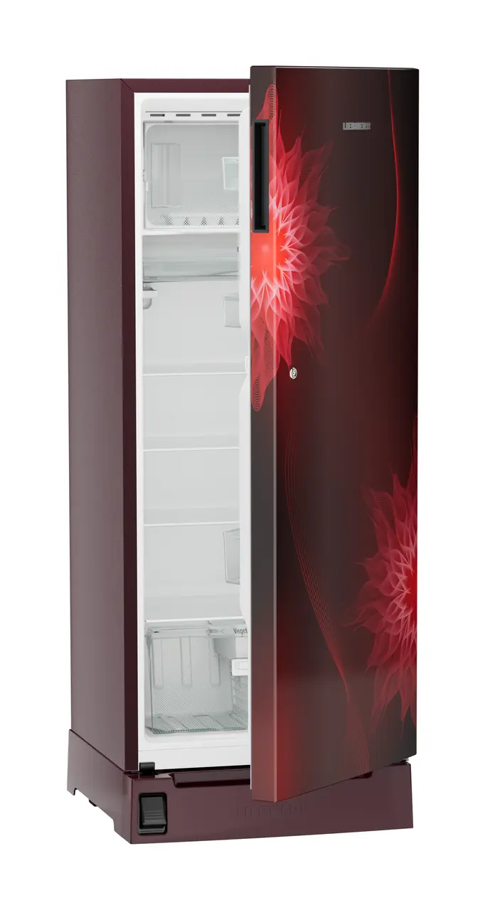 Product image, Perspective: oblique half-open empty, Single-door refrigerator 222 l in 3 star with foot pedal base drawer, Casing colour: red, Door colour: Red Mystiq